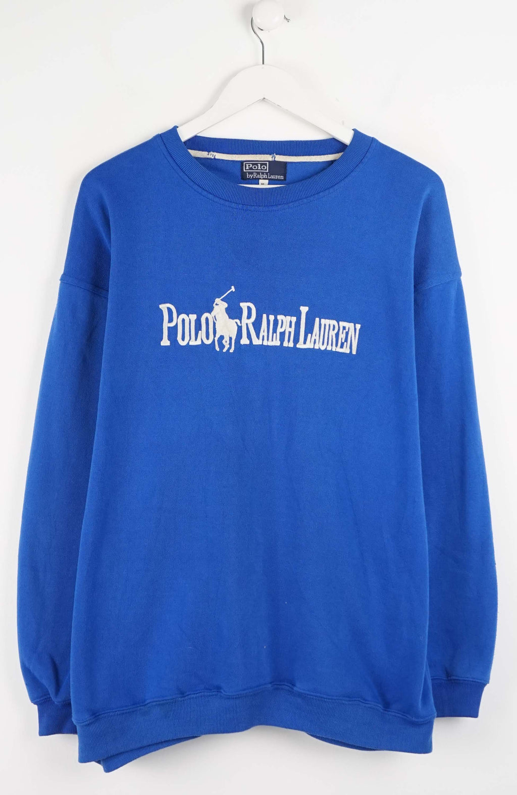 Blue sweatshirt with Polo Ralph Lauren logo on a white background