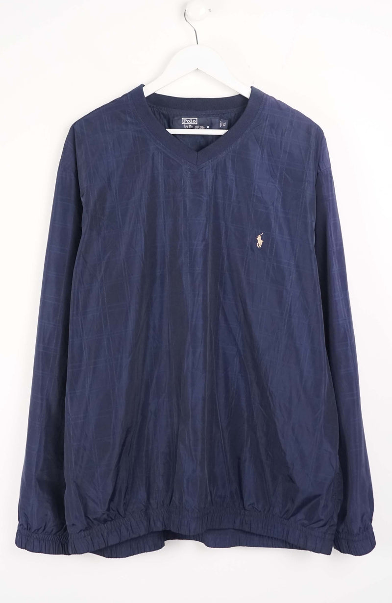 Navy blue long-sleeve shirt with a small logo on a white background