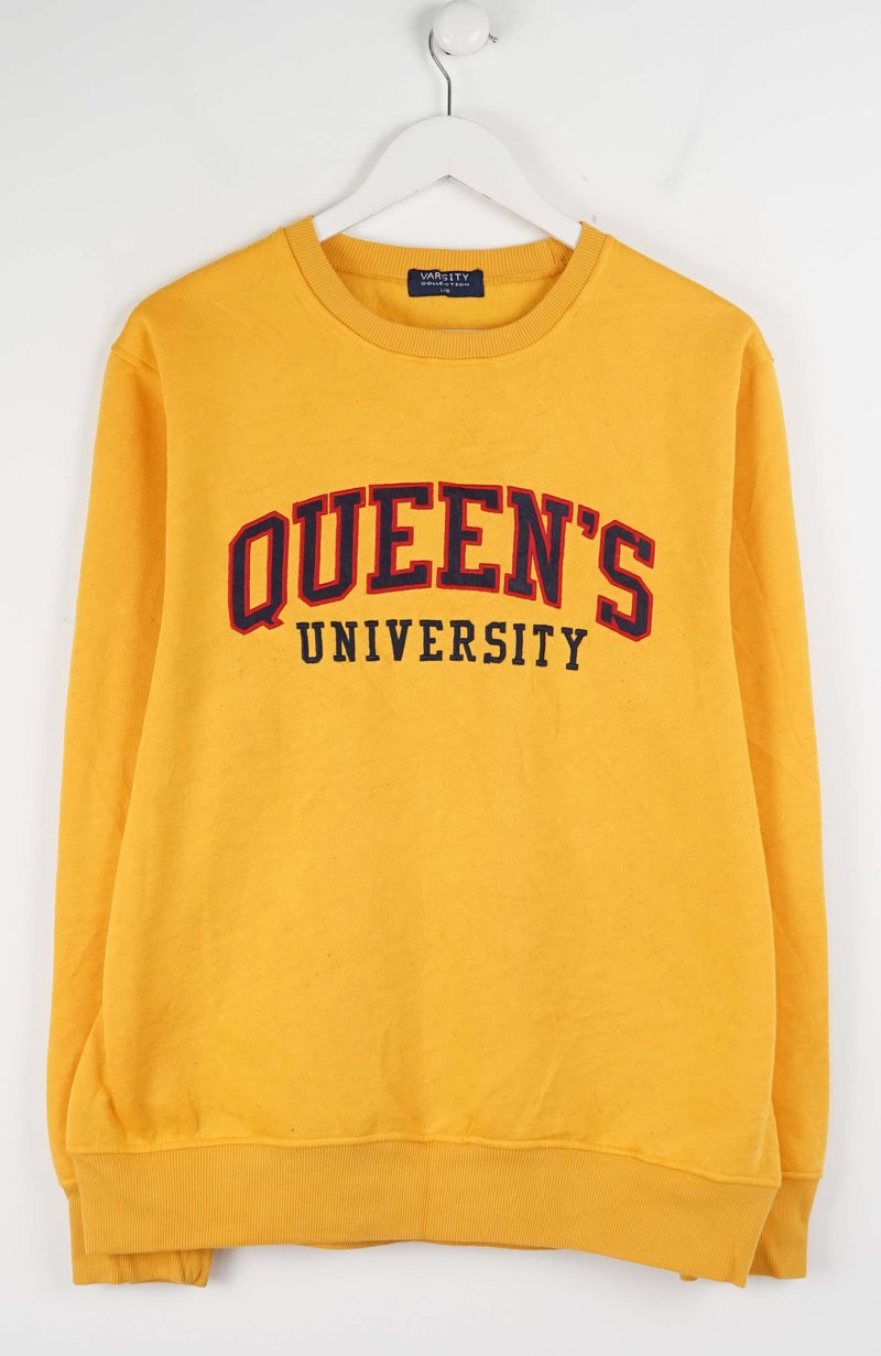Yellow sweatshirt with 'Queen's University' text on a white background