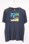 Navy blue t-shirt with colorful logo on a white background