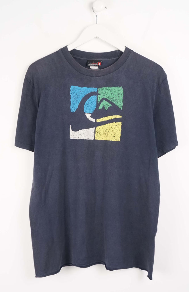 Navy blue t-shirt with colorful logo on a white background