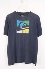 Navy blue t-shirt with colorful logo on a white background