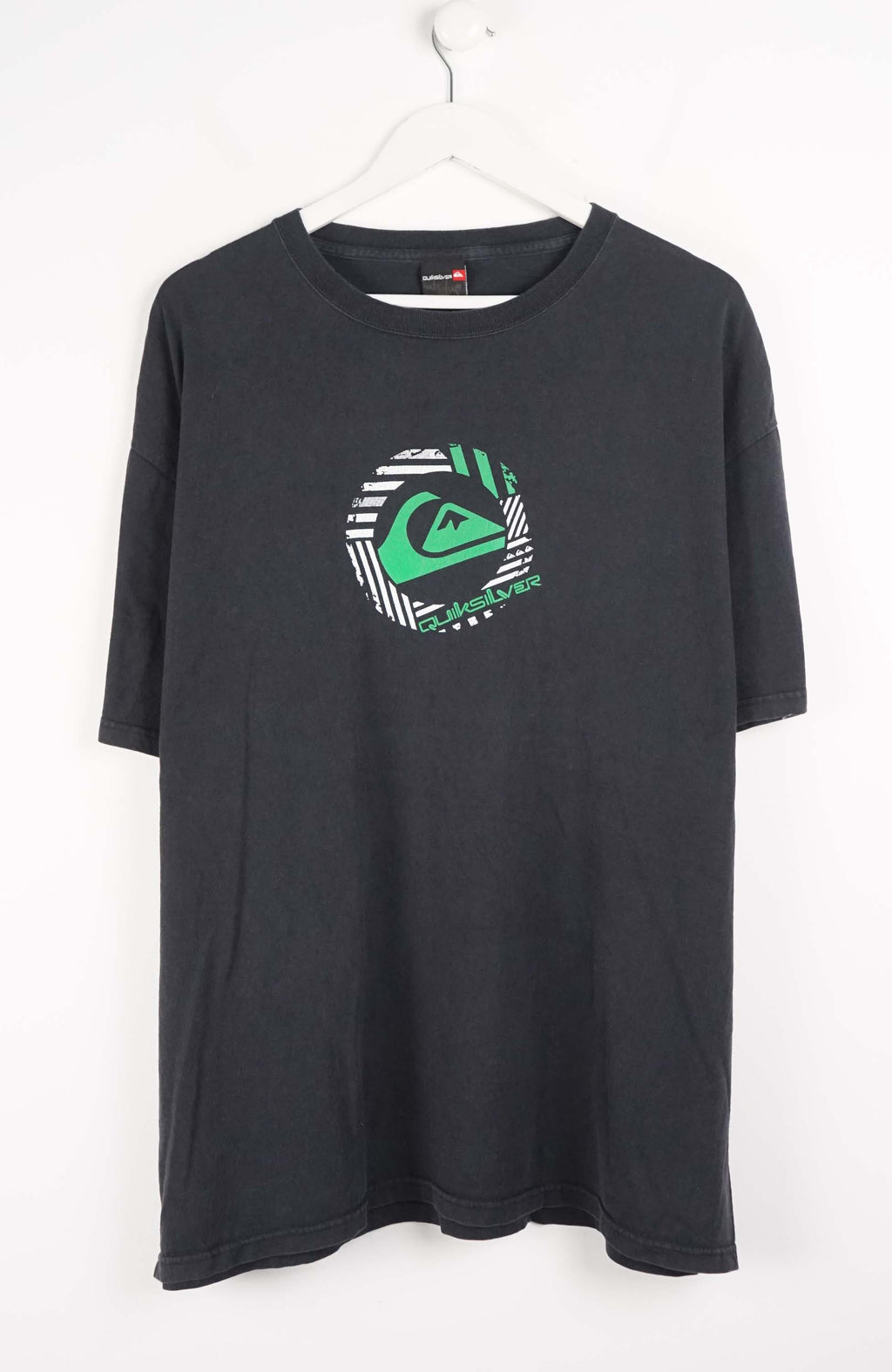Black t-shirt with a logo on a white background