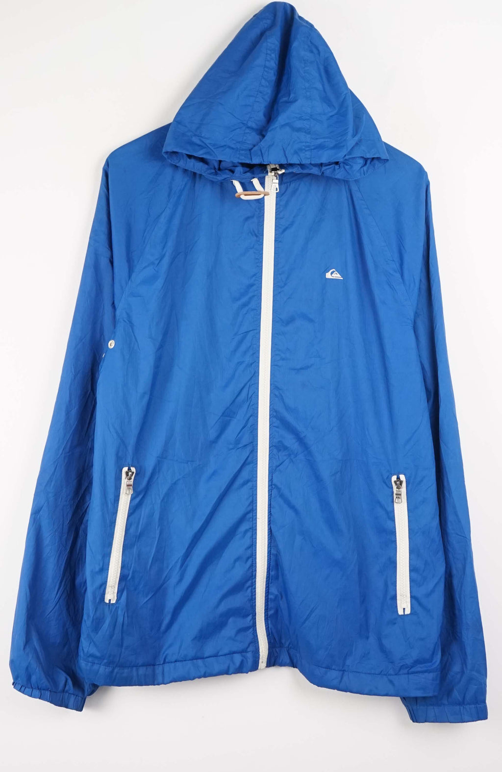 Blue jacket with a hood on a white background