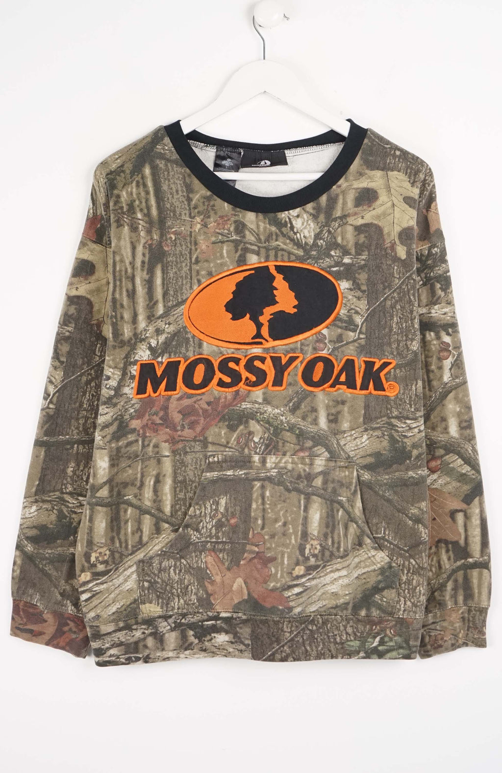 Camouflage long-sleeve shirt with Mossy Oak logo on a white background