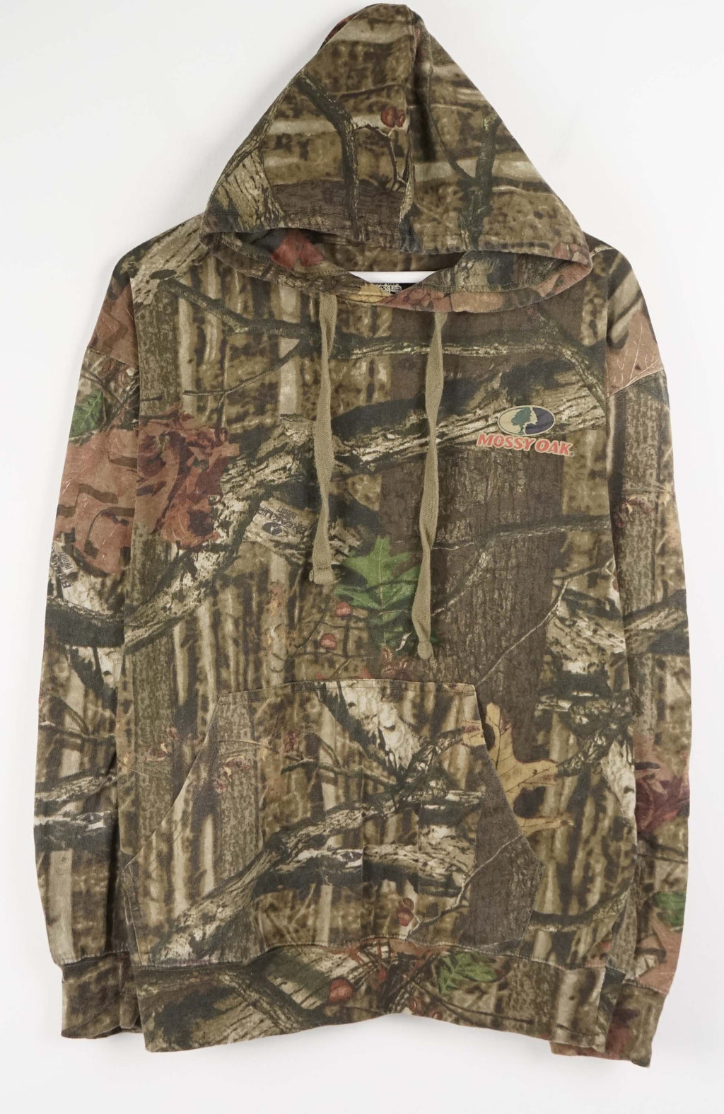 Camouflage hoodie with a brand logo on a white background