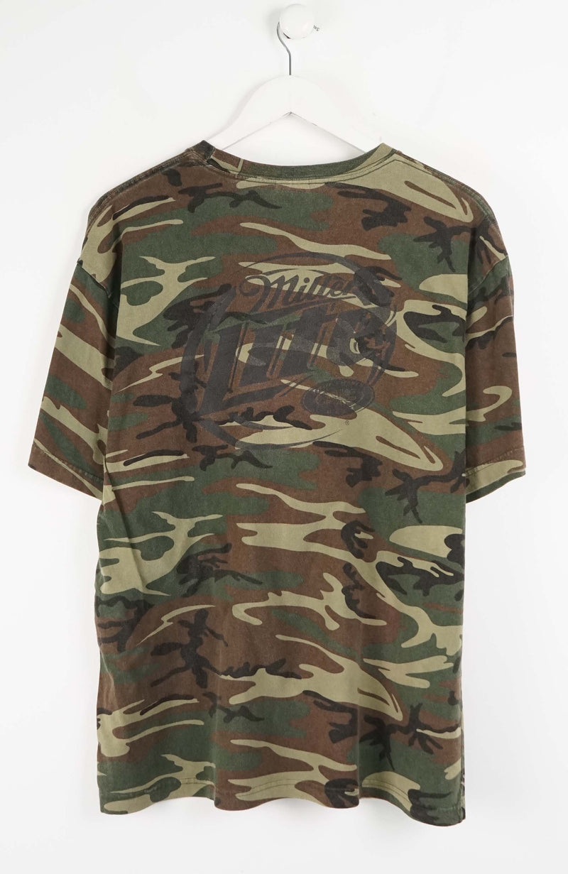 Camouflage t-shirt with a logo on a white background