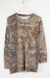 Camouflage-patterned long-sleeve shirt on a white hanger against a white background