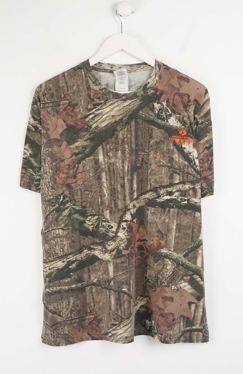 Camouflage-patterned t-shirt on a white hanger