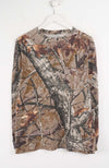 Camouflage-patterned long-sleeve shirt on a white hanger
