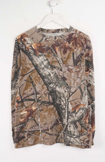 Camouflage-patterned long-sleeve shirt on a white hanger