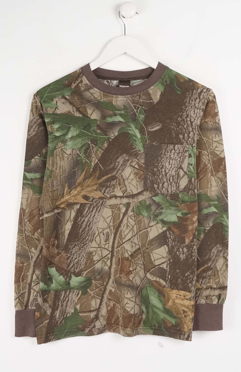 Camouflage-patterned long-sleeve shirt on a white hanger against a white background
