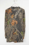 Camouflage-patterned long-sleeve shirt on a white hanger