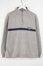 Gray pullover with a black stripe and Reebok logo on a white background