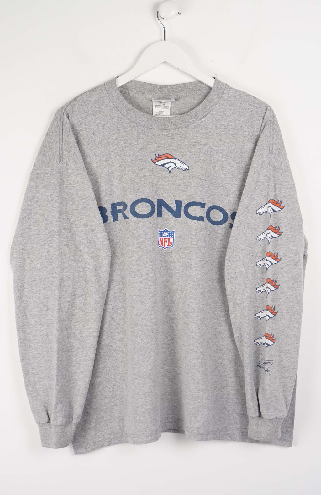 Gray long-sleeve shirt with Broncos branding on a white background
