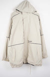Beige winter coat with black accents on a white background