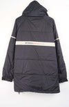 Dark gray puffer jacket with a visible brand logo on a white background
