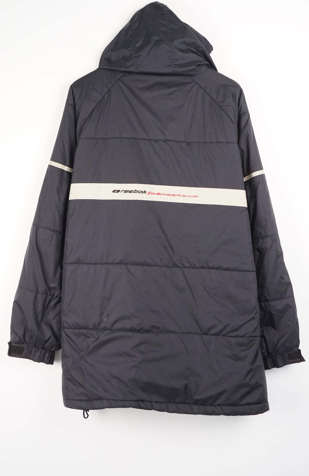 Dark gray raincoat with reflective stripes on a white background