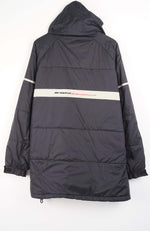 Dark gray puffer jacket with a visible brand logo on a white background