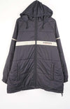Dark gray raincoat with reflective stripes on a white background