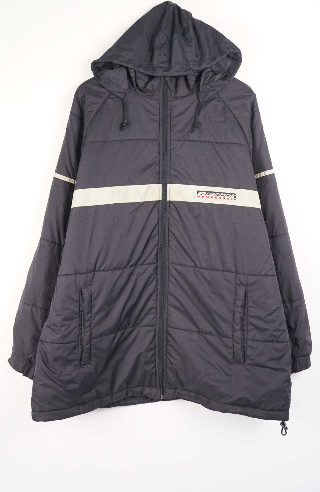 Dark gray raincoat with reflective stripes on a white background