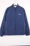 Blue jacket with a brand logo on a white background