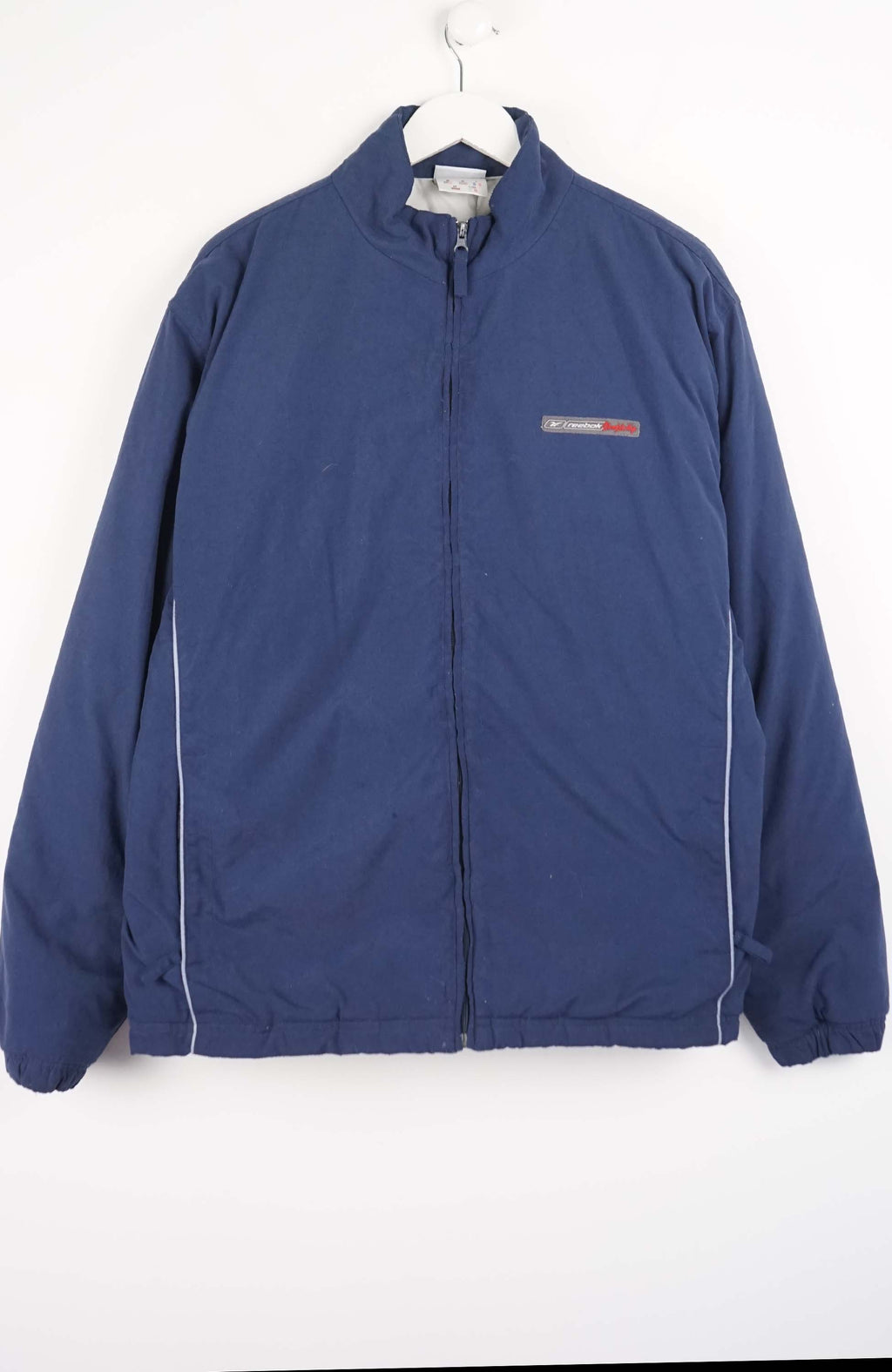 Blue jacket with a brand logo on a white background