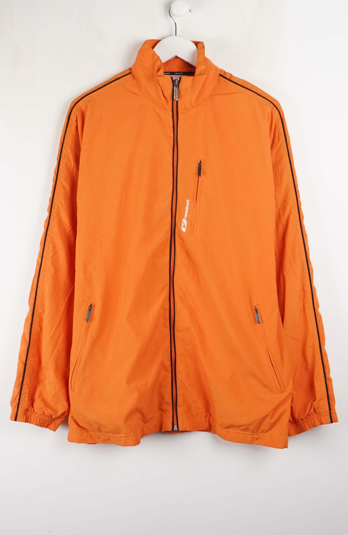 Orange jacket with black stripes on a white background