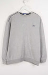Gray sweatshirt with a brand logo on a white hanger