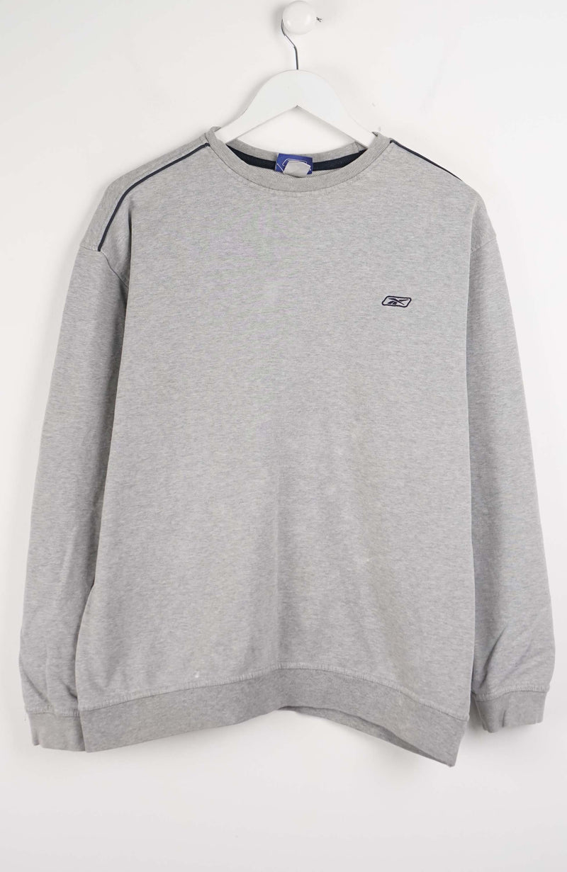 Gray sweatshirt with a brand logo on a white hanger
