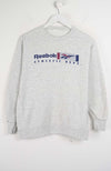 Gray Reebok sweatshirt on a hanger against a white background