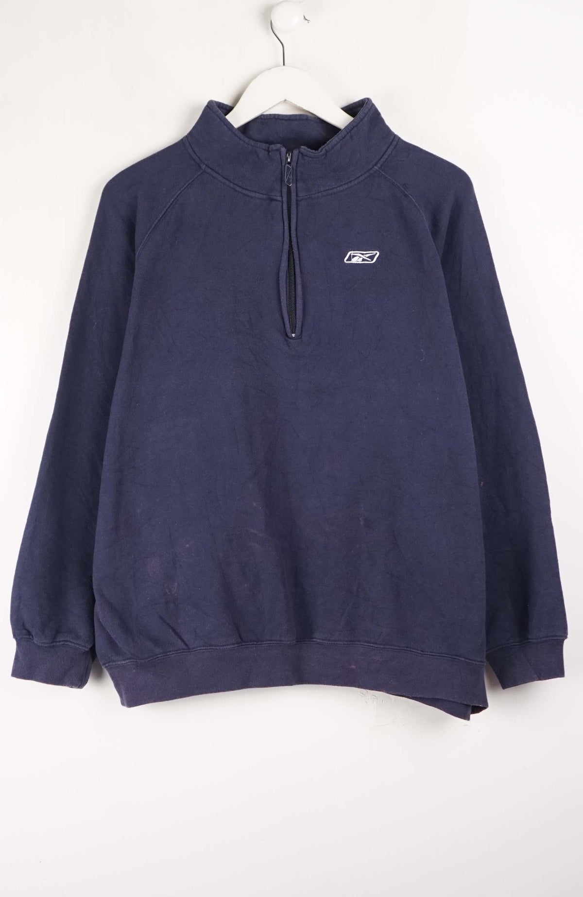 Navy blue hoodie with a logo on a white background