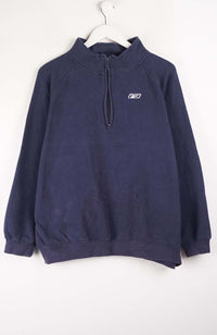 Navy blue hoodie with a logo on a white background