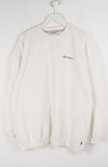 White sweatshirt with a logo on a hanger against a white background