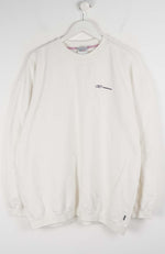 White sweatshirt with a logo on a hanger against a white background