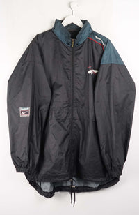 Black jacket with teal accents on a white hanger