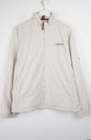 Beige jacket with a brand logo on a white background