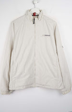 Beige jacket with a brand logo on a white background