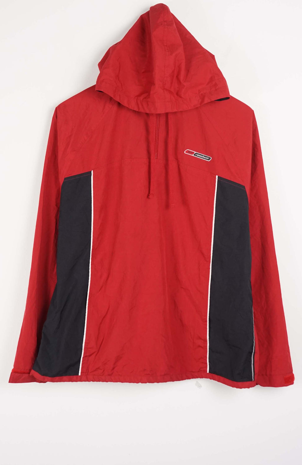 Red hooded jacket with black panels on a white background
