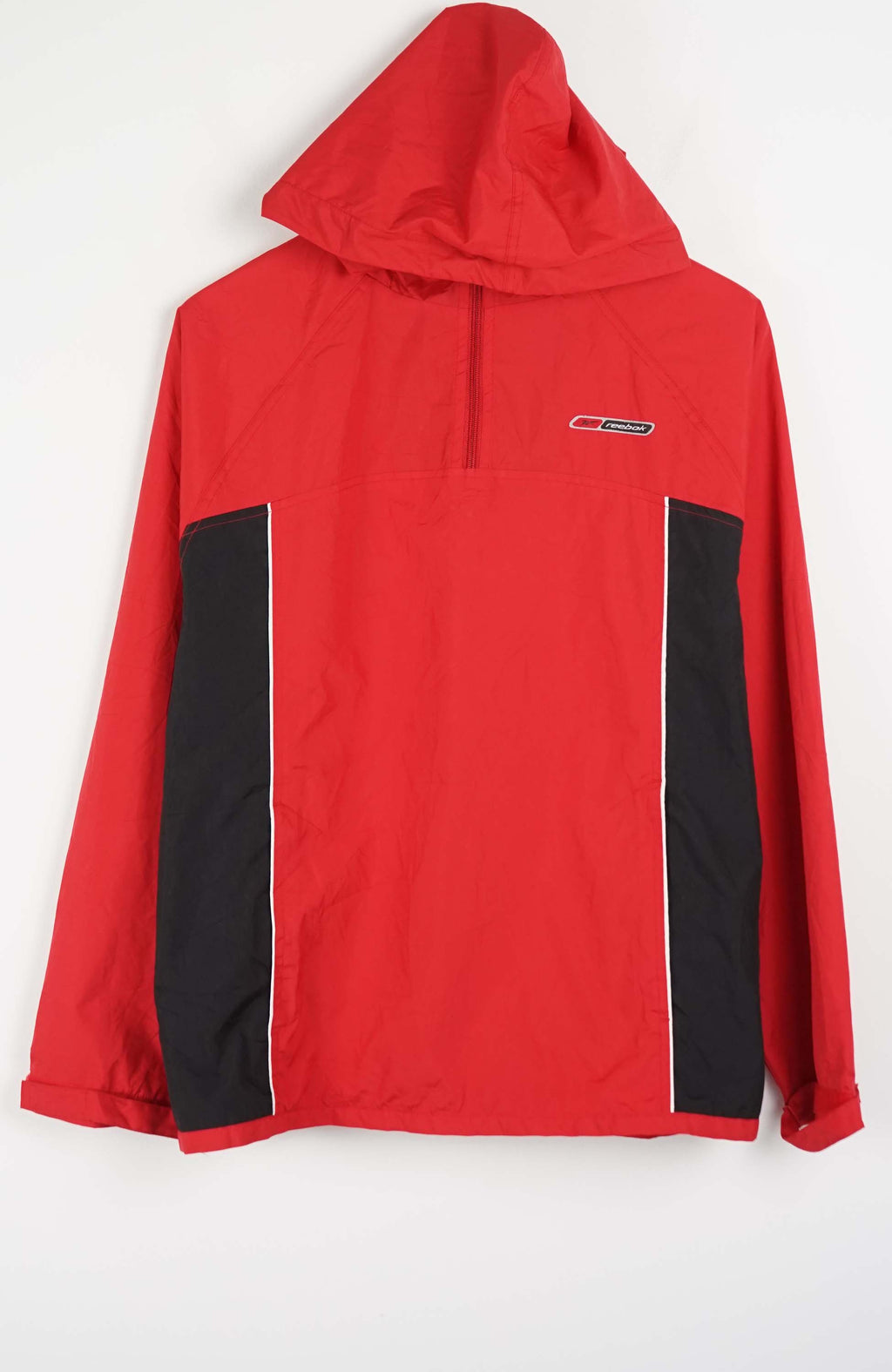 Red and black pullover hoodie with a brand logo on a white background