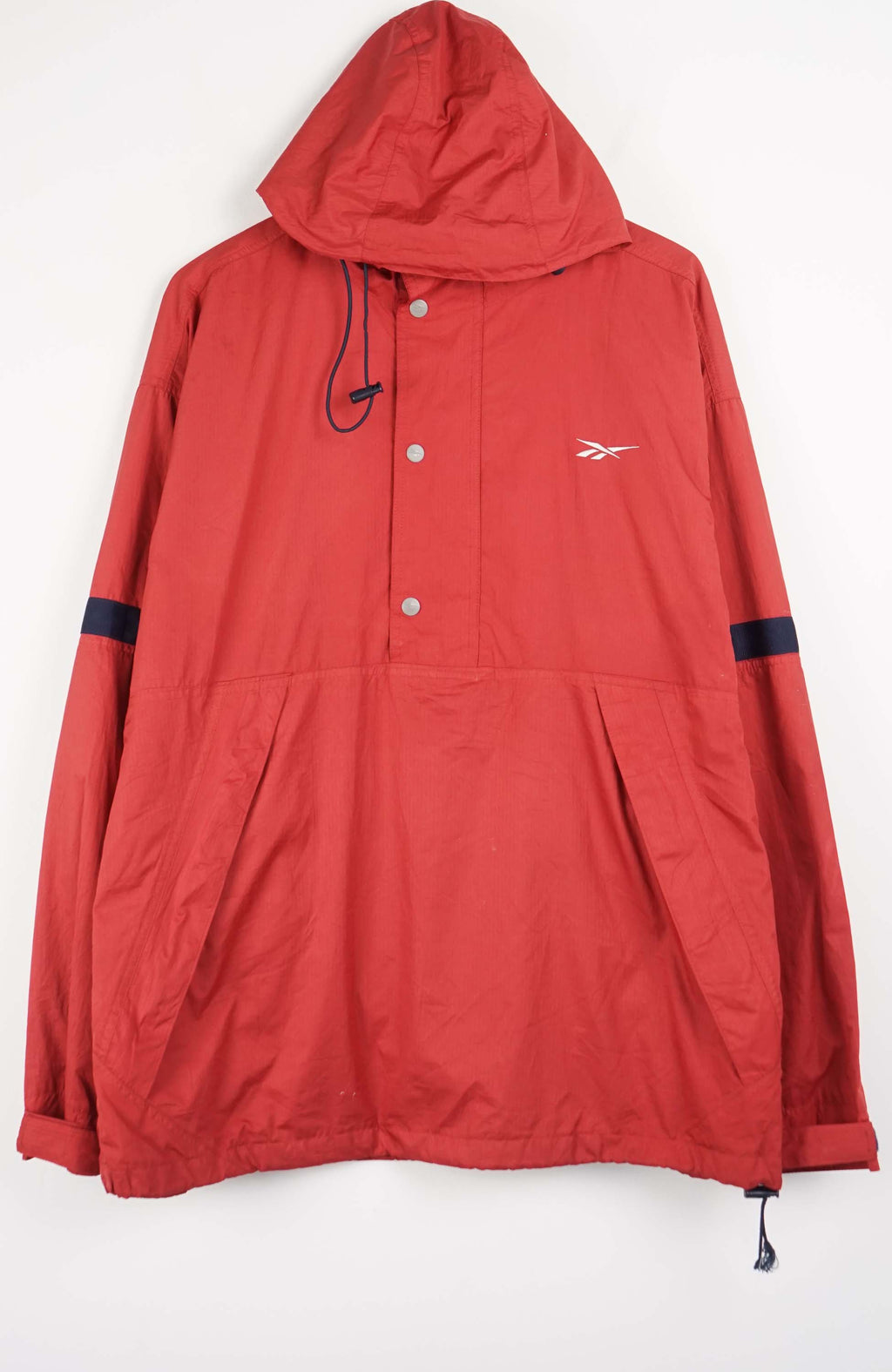 Red hooded jacket with a brand logo on a white background