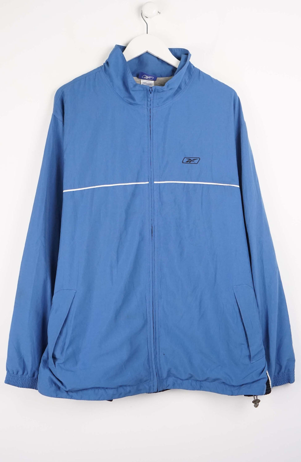 Blue jacket with a brand logo on a white background