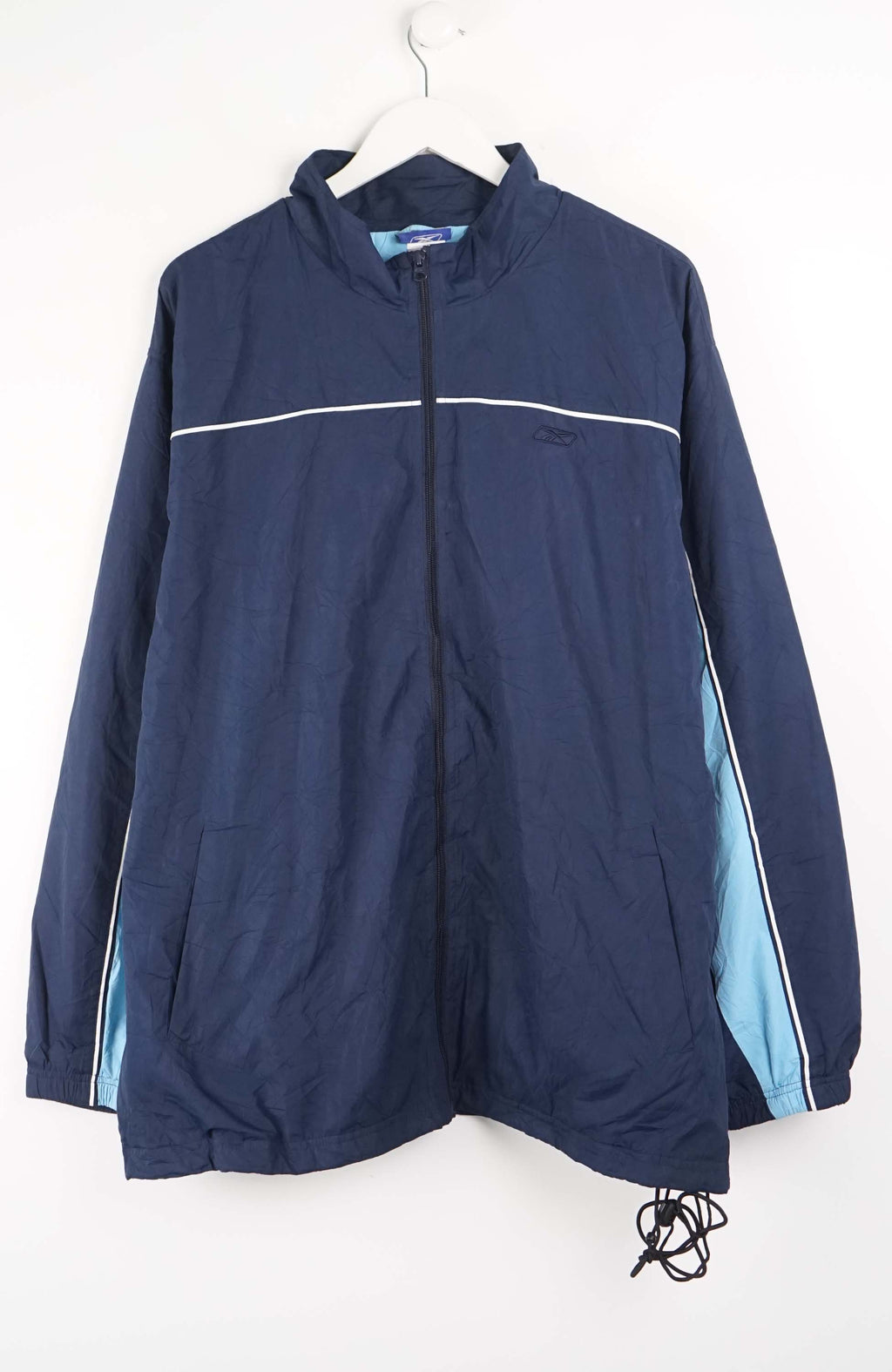 Navy jacket with light blue accents on a white background
