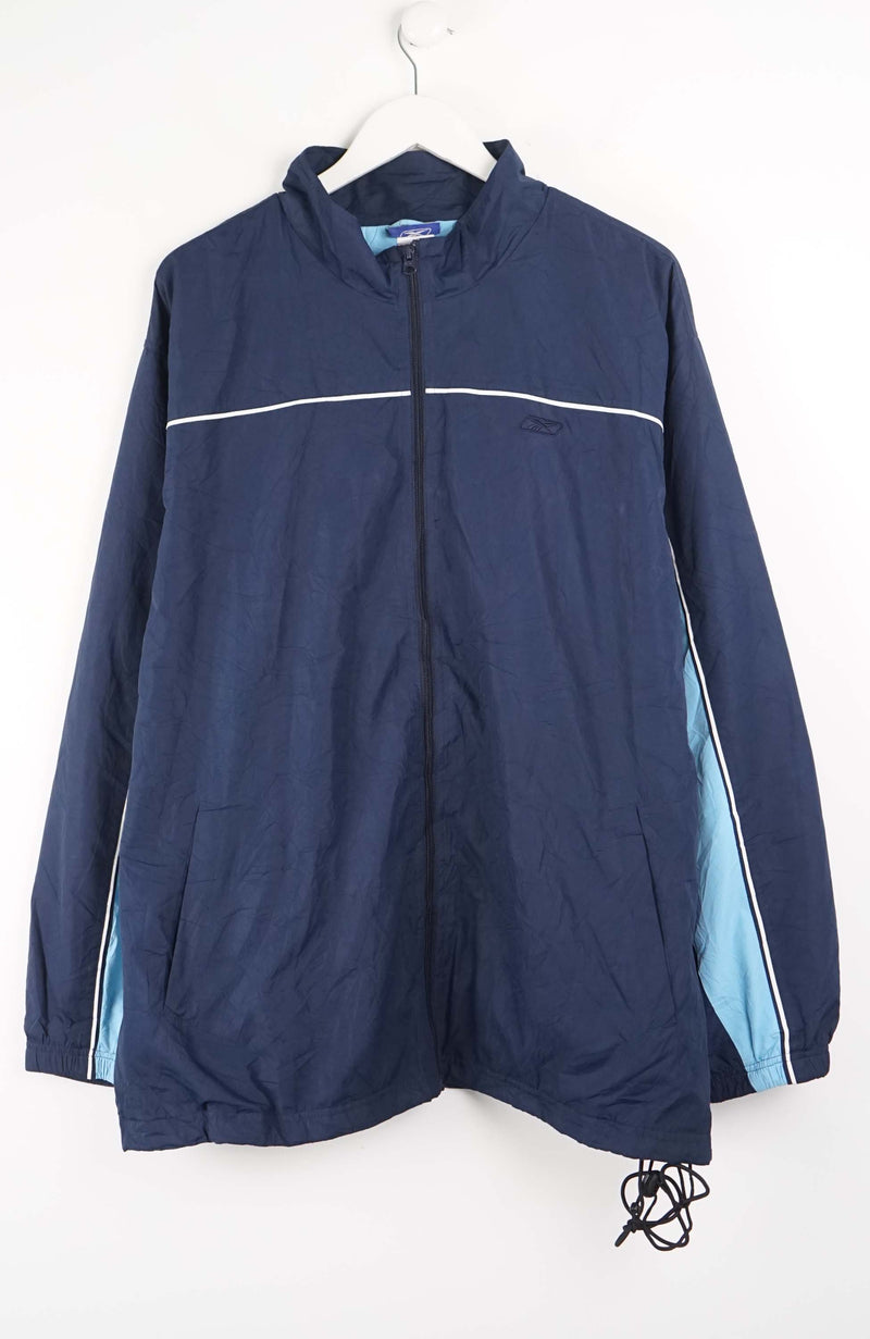 Navy jacket with light blue accents on a white background