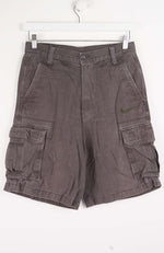 Gray cargo shorts with a Nike logo on a white background