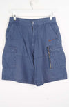 Blue cargo shorts with a brand logo on a white background