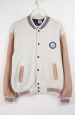 Varsity jacket with beige sleeves and a logo on a white background