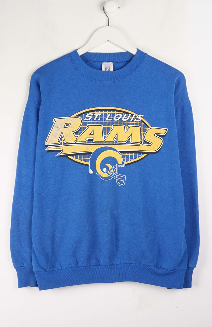 Blue sweatshirt with St. Louis Rams logo on a white background