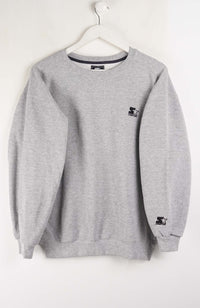 Gray sweatshirt with brand logos on a white background