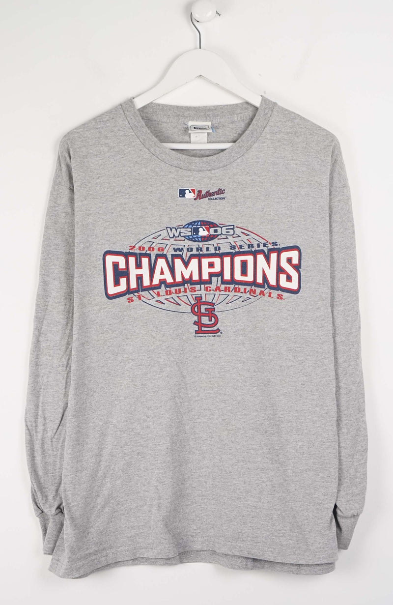 Gray sweatshirt with 'World Series Champions' text and logo on a white background